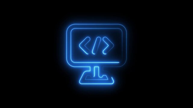 Glowing blue neon computer monitor with coding symbols on screen against black background for tech and programming concepts