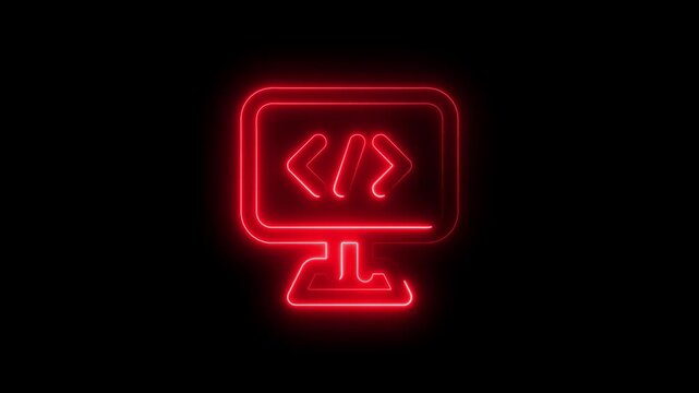 Neon Red Computer Monitor with Coding Symbols on Screen Against Black Background for Tech and Programming Concepts
