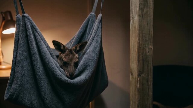 A close up of a young kangaroo joey peeking out from a grey fabric sling hanging in a dim room with warm lamp light and a rustic wooden beam