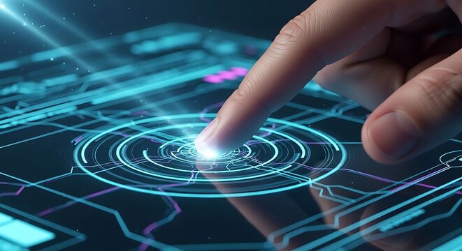 Finger touching glowing circular interface on a futuristic digital screen with interface, futuristic