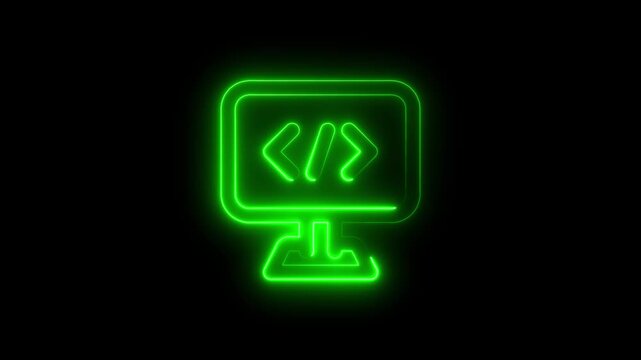 Neon Green Computer Monitor with Code Symbols on Black Background for Tech and Programming Concepts
