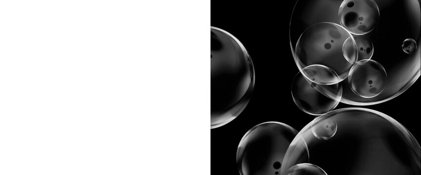 Abstract soap bubbles on black background, transparent water spheres with highlights, floating liquid orbs in dark space, elegant glass bubbles