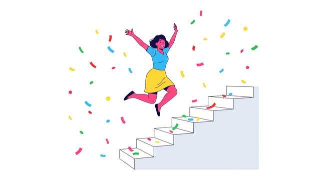 Woman celebrating success jumping upstairs with confetti, achievement concept