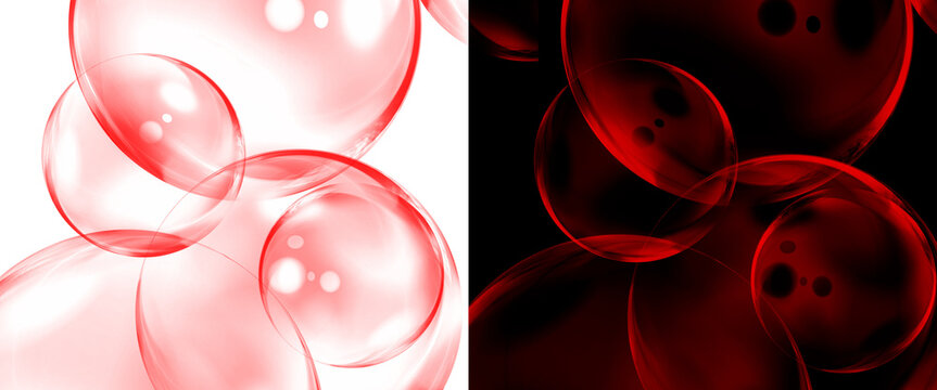 Abstract red bubbles on white and black backgrounds, glossy liquid spheres in a split screen composition, transparent ruby orbs with light reflections