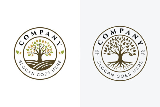 Tree Of Life Roots And Farm Field Vintage Circular Badge For Agriculture Company Logo Design