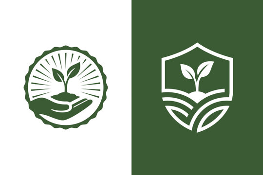 Plant with Shield And Hand Care Plant For growth concept, Agriculture Company Logo Icon Design. environmental conservation, agriculture, organic farming symbol