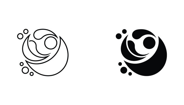 Minimalist circular water splash logo icon in black and white line art and solid silhouette design styles for branding and graphic design projects
