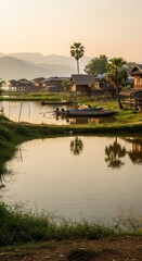 Fototapeta premium Scenic Village by the Lake at Sunrise with Reflections.