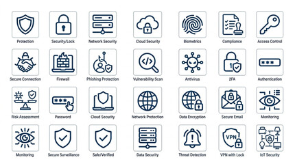 Collection of Cybersecurity Icons Representing Digital Security Concepts. © Romen