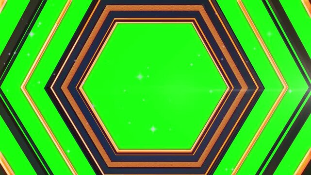 A futuristic hexagonal frame with orange borders and a green bar on a green background with stars