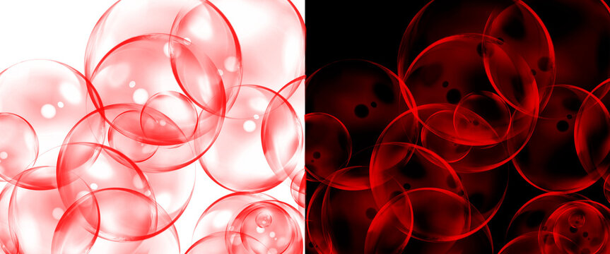 Abstract red bubbles on white and black backgrounds, floating translucent spheres in macro detail, vibrant crimson orb patterns for creative design