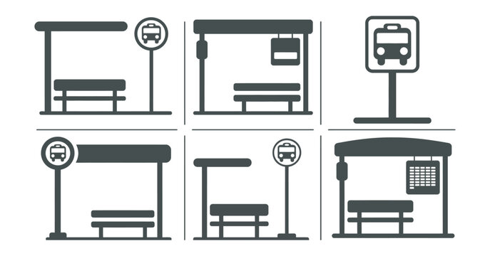 Bus stop vector icon set with clean transportation symbols, public transit signs, urban travel concept, city navigation elements