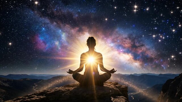 Serene individual deep meditation in lotus position beneath vast cosmic galaxy, radiating powerful golden light and spiritual energy, fostering universal connection and profound peace