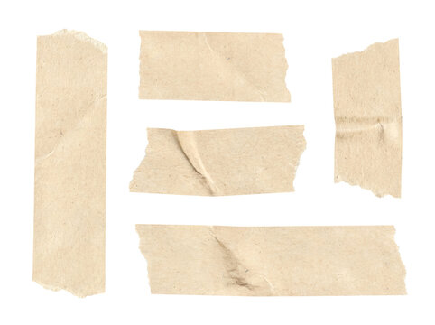Set of realistic torn brown masking tape pieces, textured and isolated on a transparent background.