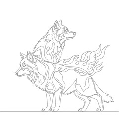 Fototapeta premium Mystical Wolf Duo Line Art with Fiery Aura
