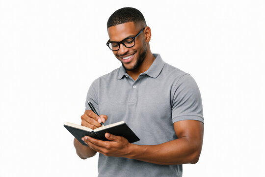 the young man is taking notes on white 