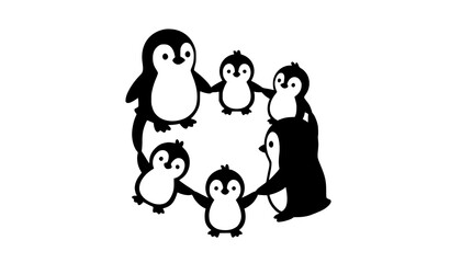 Playful penguin family circle composition with cute baby chicks holding flippers flat vector isolated on white © Chiron