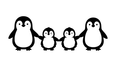 Cute penguin family holding hands flat vector illustration with parents and baby chicks isolated on white background © Chiron