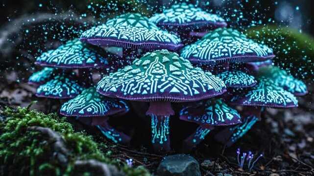 Glowing Circuit Board Mushrooms in Dark Forest, Sci-Fi Nature Concept