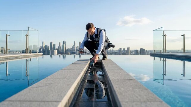 A male filmmaker crouches by an infinity pool on a tall skyscraper rooftop, adjusting camera gear with a sprawling urban cityscape in the background