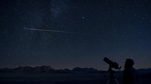 Dark silhouette of a person observing clear night sky with telescope, featuring bright stars and a row of satellites over a mountain landscape