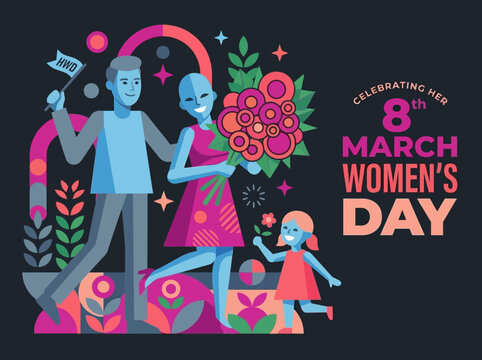 International Women's Day Celebration Vector Illustration with Family, Flowers, and Modern Geometric Abstract Art Style for March 8th Greeting Card and Poster Design