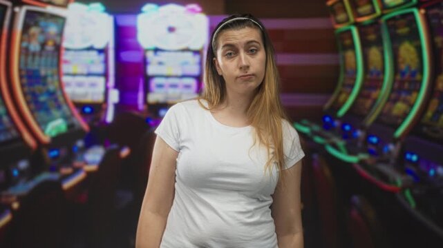 Woman in white t shirt shrugs shoulders beside row of slot machines in casino; gambling boredom loss.