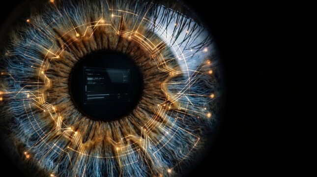 Human eye iris featuring glowing circuit board patterns and digital code elements representing advanced futuristic biometric scanning and high tech identity verification
