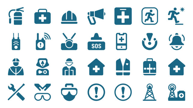 Emergency preparedness and safety icons representing rescue equipment, survival gear, warning symbols, disaster response tools, safety awareness concept, clean modern vector design