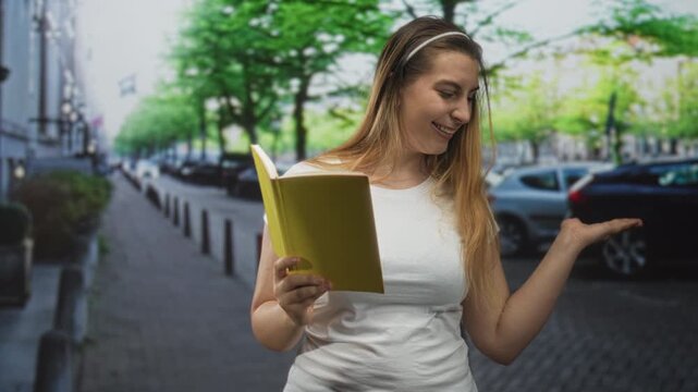 Woman holding a yellow book and reading with a warm smile, right hand gripping the cover and left palm up gesture while standing on a tree lined cobblestone street; reading joy.