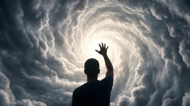 Man silhouette reaching hand arm upward, yearningly seeking guidance, profound hope, future aspiration, searching luminous swirling cloud vortex bright dark sky