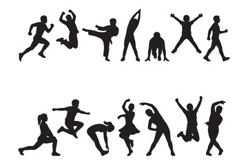 Fototapeta premium Set of diverse human silhouettes performing various dynamic physical activities