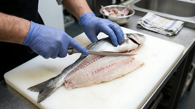 Chef cuts fish on kitchen counter with blue gloves on hands