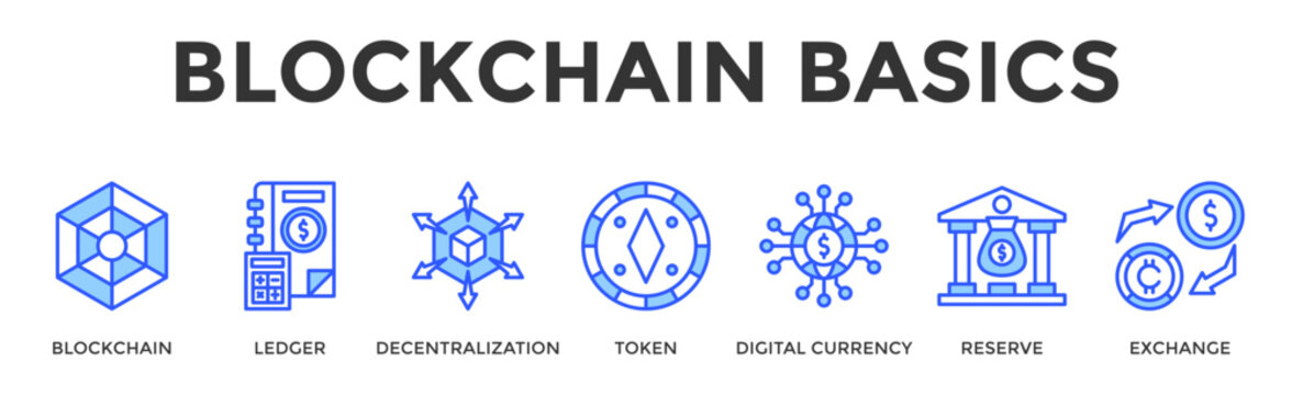 Blockchain Basics  Banner Web  Icon Set Collection Pack Vector Illustration Concept Containing Blockchain, Ledger, Decentralization, Token, Digital Currency, Reserve, Exchange
