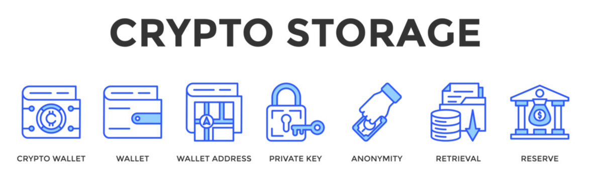 Crypto Storage  Banner Web  Icon Set Collection Pack Vector Illustration Concept Containing Crypto Wallet, Wallet, Wallet Address, Private Key, Anonymity, Retrieval, Reserve