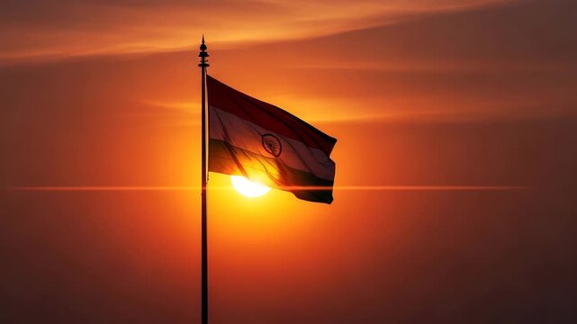 Silhouette of the Indian flag flying on a pole during a dark and moody sunset