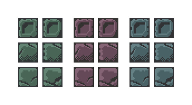A set of pixel art 2D Brick Wall Texture, dungeon tile set design with shadowing. Earth tones concrete seamless background. Ground texture tile seamless pattern. Assets for game, background, wallpaper