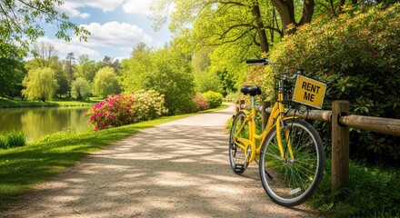 Fototapeta premium Scenic View of a Yellow Bicycle Parked by a Lake.