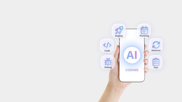 Hand holding smartphone with AI tools for coding, design and project planning for software development.