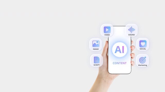 Hand holding smartphone with AI tools for content creation and digital marketing