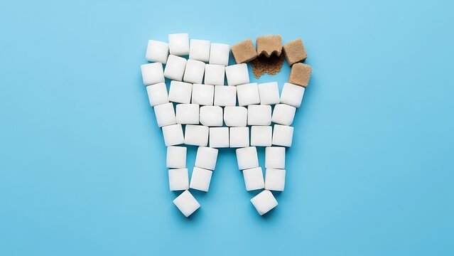 Dental tooth shape made of sugar cubes, decaying molar with brown sugar pieces, unhealthy diet and tooth decay concept on blue background