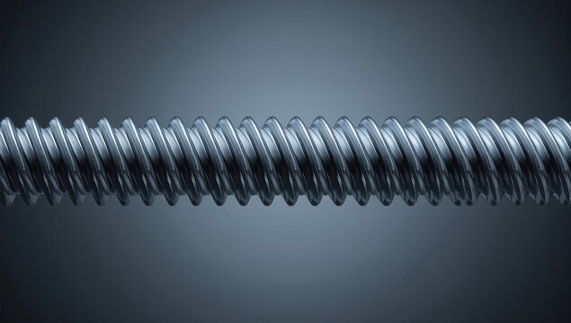 Close-up view of a metallic threaded rod with a smooth sheen against a dark gradient background, highlighting intricate details of the threads