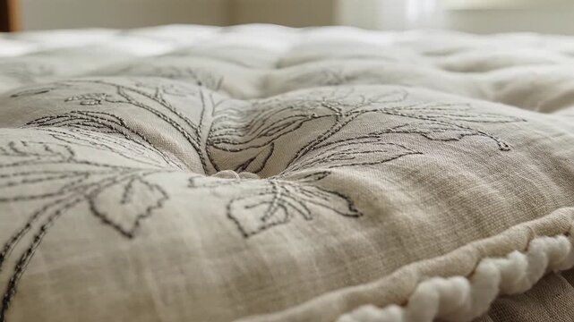 Closeup of a Tufted Mattress with Floral Pattern and Decorative Trim.