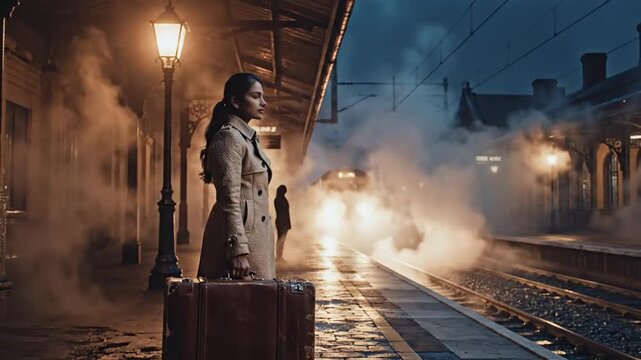 Woman holding vintage suitcase waiting for a train at a misty station