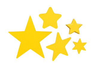 Fototapeta premium 3D render of a vibrant cluster of five yellow star shapes, different sizes, isolated on transparent.
