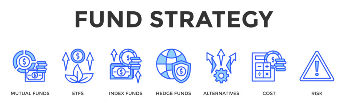 Fund Strategy  Banner Web  Icon Set Collection Pack Vector Illustration Concept Containing Mutual Funds, Etfs, Index Funds, Hedge Funds, Alternatives, Cost, Risk