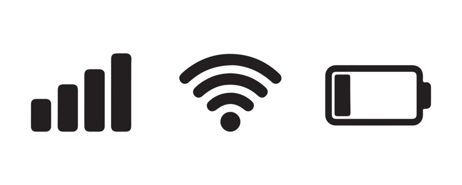 Set of signal strength indicator, wifi and battery level icons, essential user interface elements.