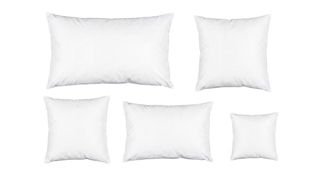 A neat arrangement of five white pillows in rectangular and square shapes, isolated on a transparent background.