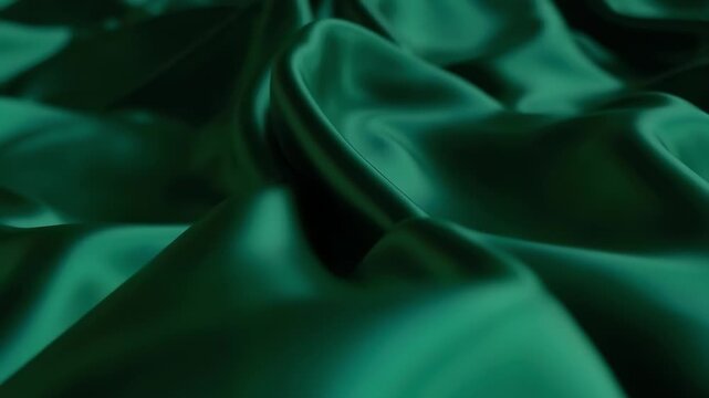 Deep emerald green silk fabric background flowing gently in dark room lighting for luxury textile mood.