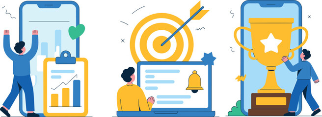 Modern flat vector illustration set representing business goals achievement and success including goal tracking target hitting and receiving a trophy © Md